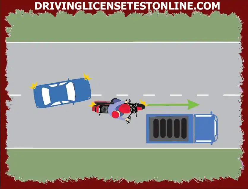 Drive the blue car . You are correctly engaged in overtaking the motorcycle ?