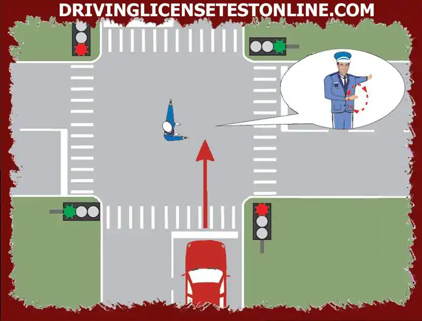 교차로에서 경찰관이 운전자에게 속도를 높이라고 신호 . 진행 방법 ?