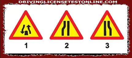 Sign 1 is a sign for the end of a double road 
Signal 2 is a sign for a narrow road (to...