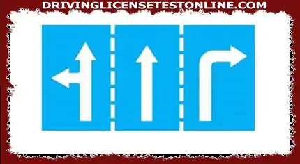 Gornji znak je natpis: 
 - Broj trakova je 3 
 - Smjer na svakoj traci slijedi oznake ceste:...