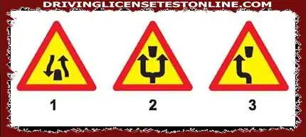 Sign 1 is a sign for the end of a double path 
Signal 2 is a sign to watch for obstacles -...