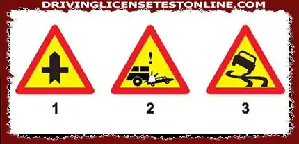zīme ir zīme, kas krustojas ar neprioritāru ceļu 
. Signāls 2 ir ceļa zīme, kurā bieži notiek negadījumi 
. Signāls 3 ir slidena ceļa zīme