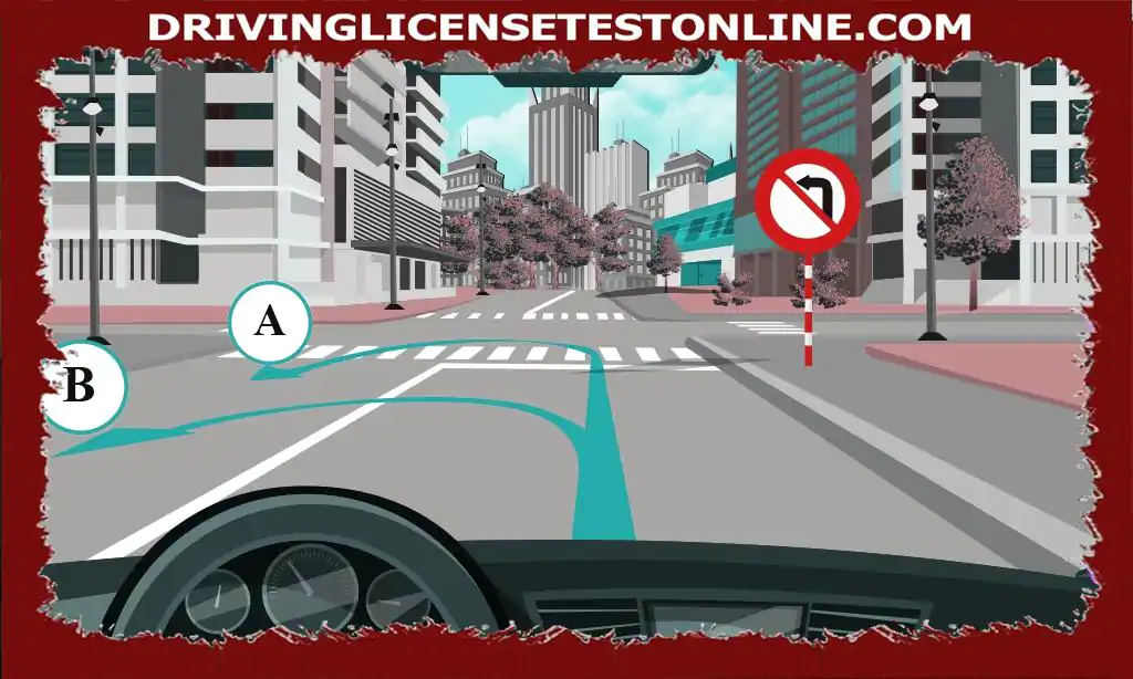 Araçlar dönemez çünkü :
- A yönü: kavşağı geçtikten sonra sola dönüşü yasaklayan işaret yürürlüktedir, sola dönüşü yasaklamak aynı zamanda dönüşü de yasaklamak demektir
- B yönü: henüz değil Kavşağı geçmek, sola dönüşü yasaklayan işaret henüz etkili değil, ancak yolda iki trafik çizgisini zıt yönlerde ayıran düz bir çizgi var, araç çizgiyle örtüşmemelidir 
Doğru cevap: 3< 10>