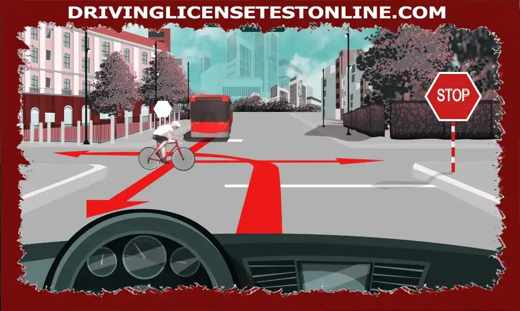 Vid din väg finns ett stoppskylt för att vika för alla fordon 
 Därför måste du vika för cyklar och personbilar