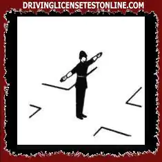 When the policeman stands in profile with his arms outstretched as shown, the traffic currents that run parallel to his arms can cross the intersection, but using caution.