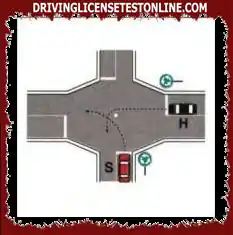 В двупосочен път, за да завиете наляво, трябва да заобиколите центъра на кръстовището като превозно средство H на фигурата, ако има знак за кръгово движение