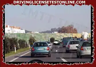 Traffic on a carriageway with three traffic lanes in the same direction. When driving in the leftmost row: