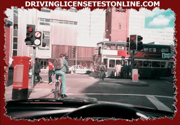 Bạn đang ở phía sau người đi xe đạp này . Khi đèn giao thông thay đổi, bạn nên làm gì ?