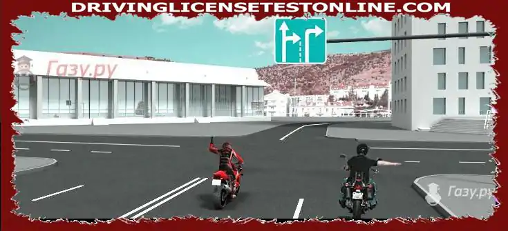 Šāds rokas signāls, ko dod motociklists, kurš pārvietojas pa kreiso joslu, informē :