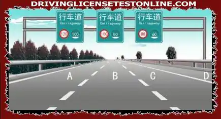 Zoals weergegeven in de afbeelding, op welke rijstrook mag u rijden wanneer uw voertuigsnelheid...