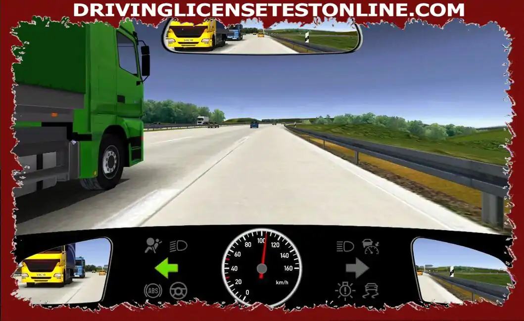 You are driving at least 20 km / h faster than the green truck . How should you behave ?
