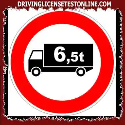 Signalisation routière : | En présence du panneau indiqué, le transit des camions est interdit si le certificat d'immatriculation du véhicule indique une masse en charge supérieure à 6,5 tonnes