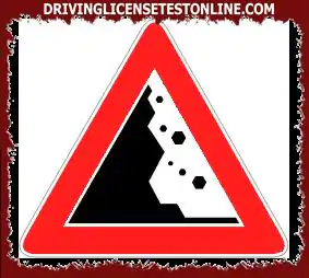 Signalisation routière : | Le panneau indiqué annonce le danger de chutes de pierres depuis la gauche avec présence conséquente sur la chaussée