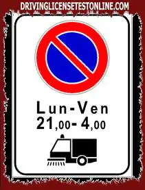 The sign shown | prohibits parking during the periods in which the mechanical cleaning of the road is carried out