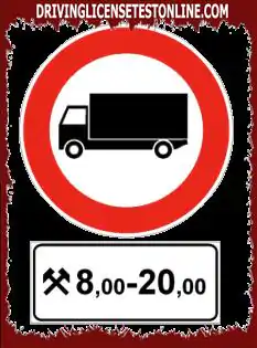 Road signs: | The sign shown prohibits the transit of trucks with a total mass exceeding 3.5 t . at the indicated time, on working days