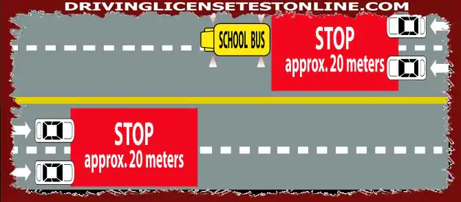 4車線の赤いライトが点滅して停止しているスクールバスの後ろから近づい...