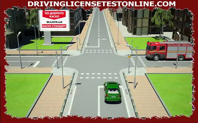 Dans cette situation, le conducteur de la voiture verte est-il obligé de rater la voiture rouge si elle n'a pas de signal lumineux et sonore spécial allumé ?