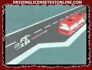 How should the driver   of the motorcycle act in a traffic situation as in picture , if the left turn signal   direction ? is on the public transport vehicle