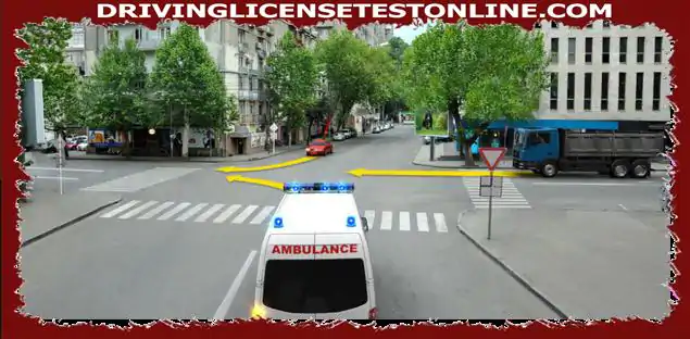 ¿En qué orden deben ir los vehículos que se mueven en la dirección de la flecha en cruz , si la ambulancia tiene un rayo azul especial intermitente y señales sonoras ?