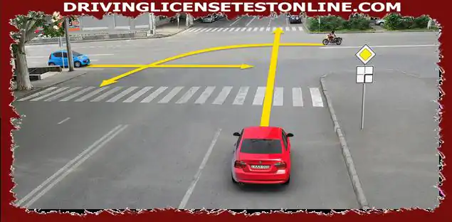 화살표 ? 방향으로 이동하는 경우 빨간 차 ,의 운전자에게 길을 양보해야 하는 차량 운전자