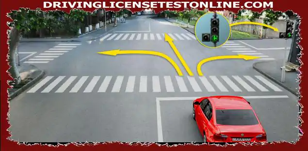 Kurā virzienā sarkanās automašīnas vadītājs var turpināt braukt pa šo luksofora signālu ?