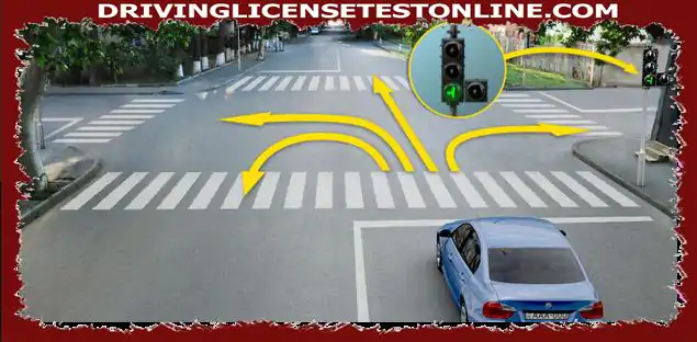 في أي اتجاه يمكن لسائق السيارة الزرقاء الاستمرار في القيادة على إشارة المرور هذه ?
