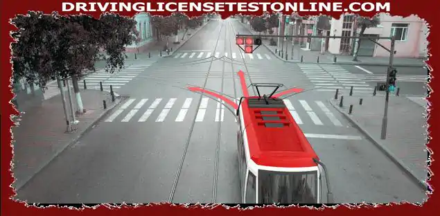 At this traffic light signal , in which direction can the tram driver continue to move ?