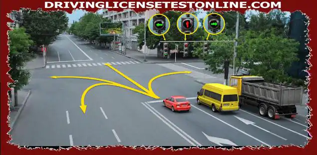 Người điều khiển xe ô tô màu đỏ có thể tiếp tục lái xe theo hướng nào của tín hiệu đèn giao thông này ?