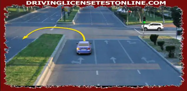 Az adott helyzetben kötelező-e, hogy a kék autó vezetője megálljon az elválasztó sávok közötti mozgást tiltó jelzőlámpánál, miközben a nyíl irányában a fordulási manővert végrehajtja ?