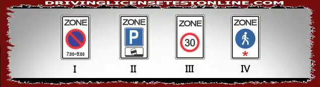 Кой от следните пътни знаци показва зона, в която максималната скорост е ограничена до ??