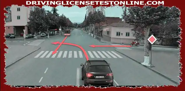 أي سائق السيارة سيضطر للتخلي عن الطريق إذا تحرك سائق الدراجة النارية في اتجاه السهم ?